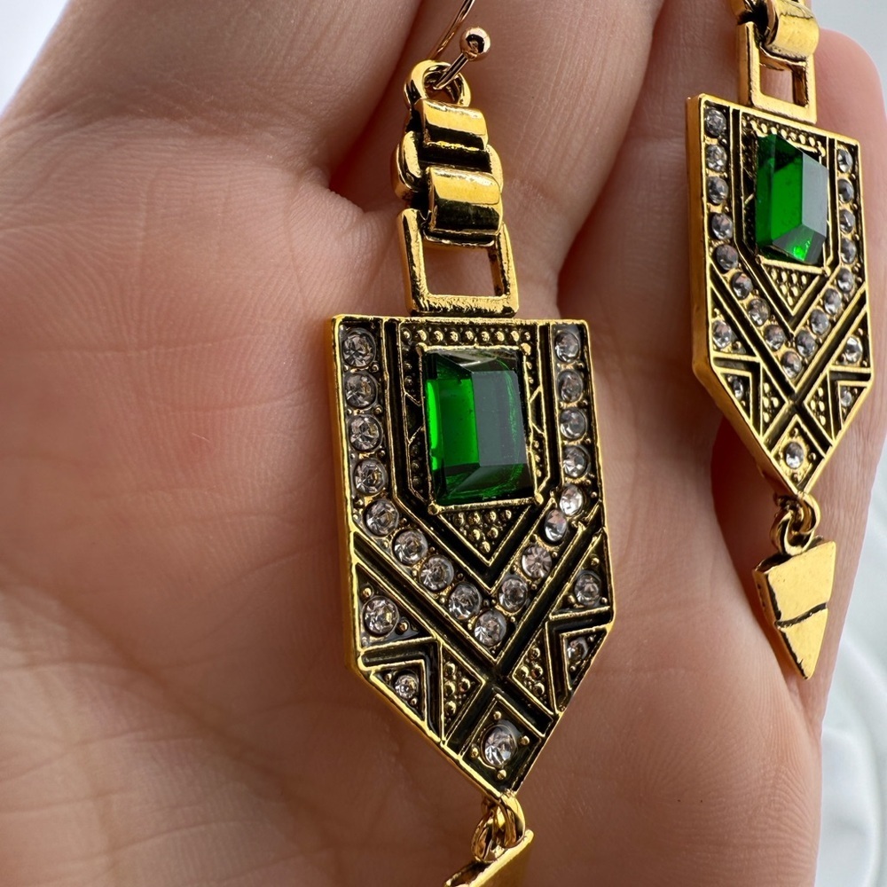 Art Deco Geometric Drop Earrings – Gold Vintage Statement Jewelry - Picture 6 of 7